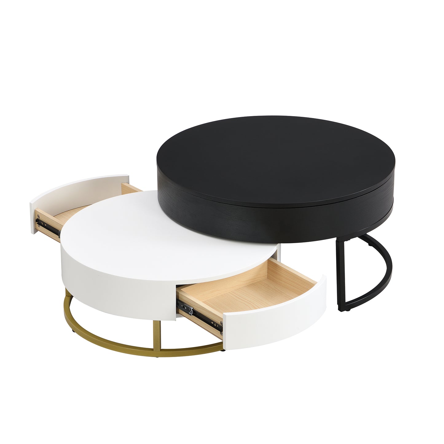 Modern Round Lift-Top Nesting Coffee Tables with 2 Drawers, White and Black Finish