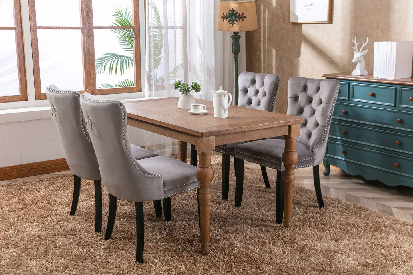 Modern high-end plush solid wood velvet cushioned dining chair with wooden leg nail head decoration, two piece set in gray