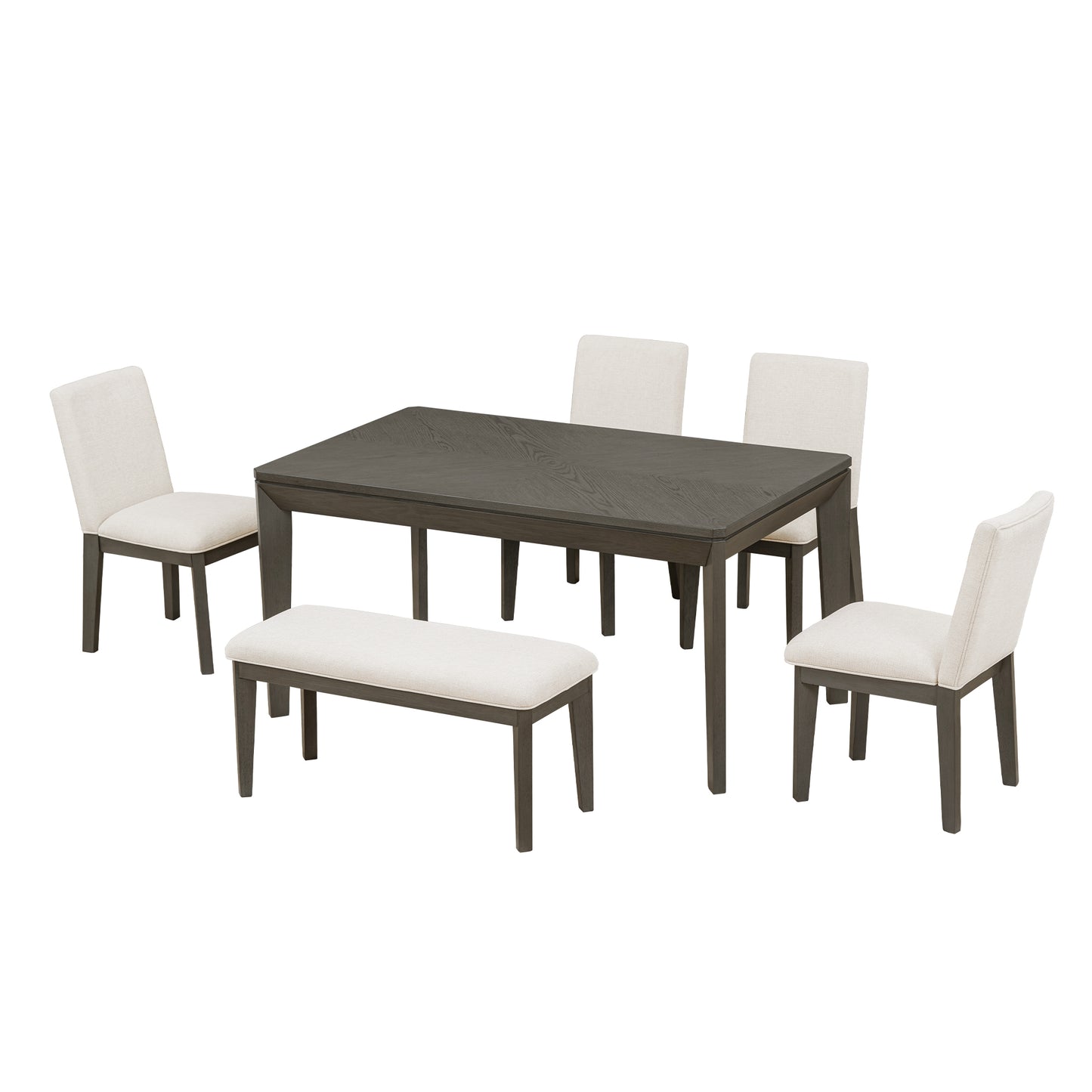 Juego de mesa de comedor TOPMAX de 6 piezas con sillas y banco tapizados, patas cónicas estilo rústico, gris oscuro y beige