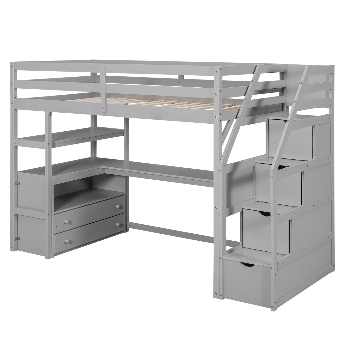 Twin Size Loft Bed with Desk and Shelves Two Built-in Drawers, Storage Staircase Gray