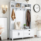 ON-TREND Modern Hall Tree with Storage Cabinet, 2 Large Drawers, and 5 Coat Hooks, White