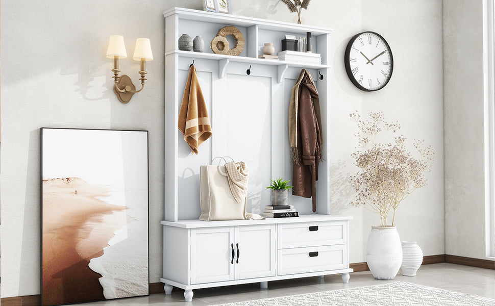 ON-TREND Modern Hall Tree with Storage Cabinet, 2 Large Drawers, and 5 Coat Hooks, White