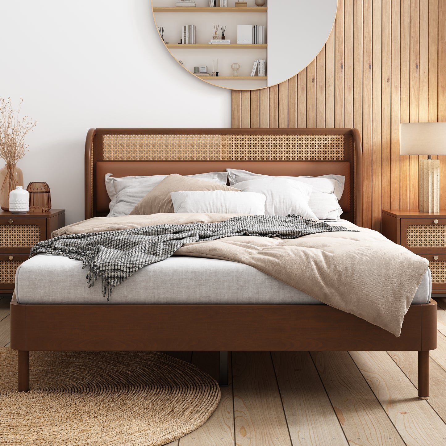 Moderna cama tamaño queen con plataforma de madera de ratán Cannage, acabado nogal para dormitorios elegantes