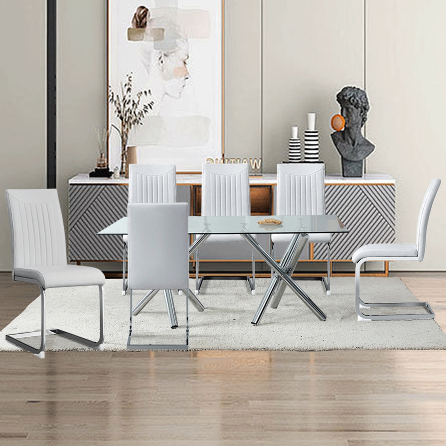 Mesa de comedor rectangular de vidrio grande, moderna y minimalista, con capacidad para 6 a 8 personas, perfecta para comedores contemporáneos