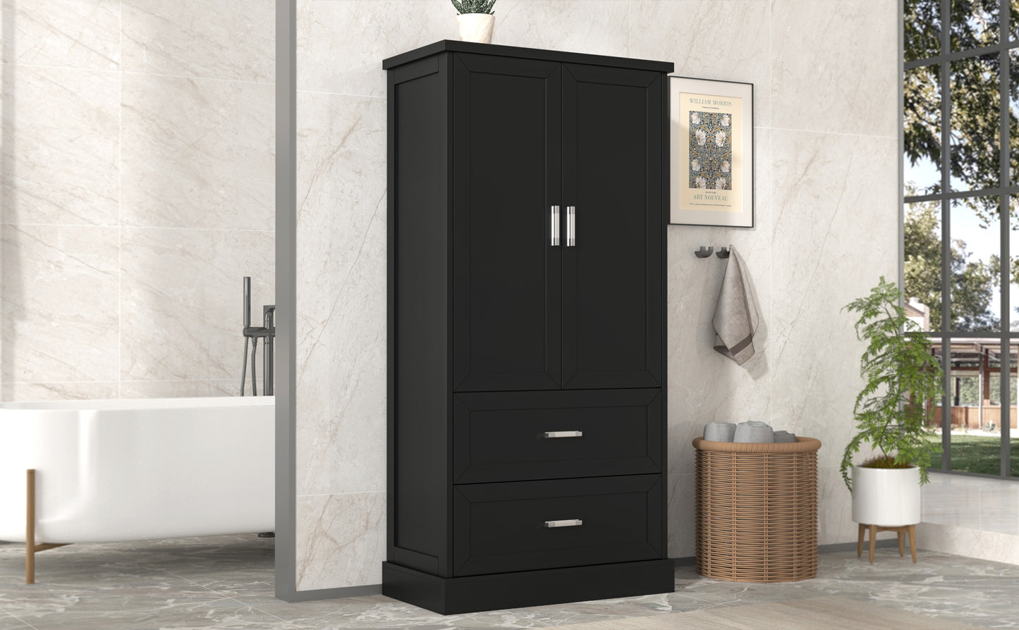 Mueble de baño alto con dos puertas y cajones, estante ajustable, tablero MDF, color negro