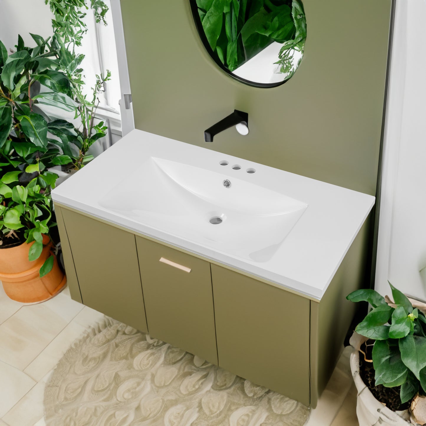 Single Bathroom Vanity Top with White Basin, 3-Faucet Holes, Ceramic, White