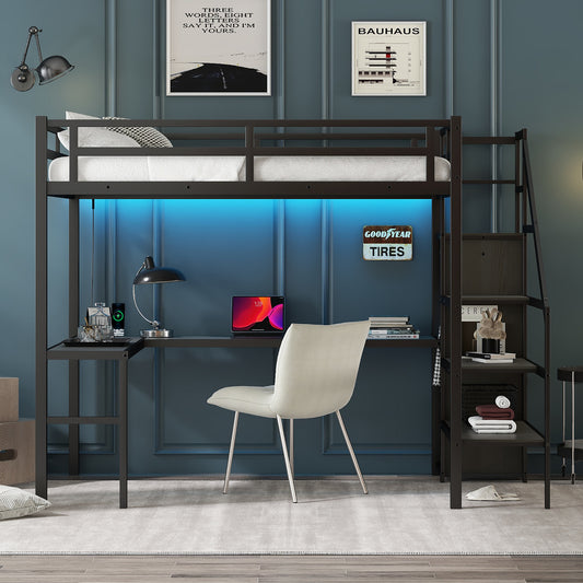 Full-Size Loft Bed with L-Shaped Desk, USB Port, Wardrobe, and Adjustable Shelf, Black