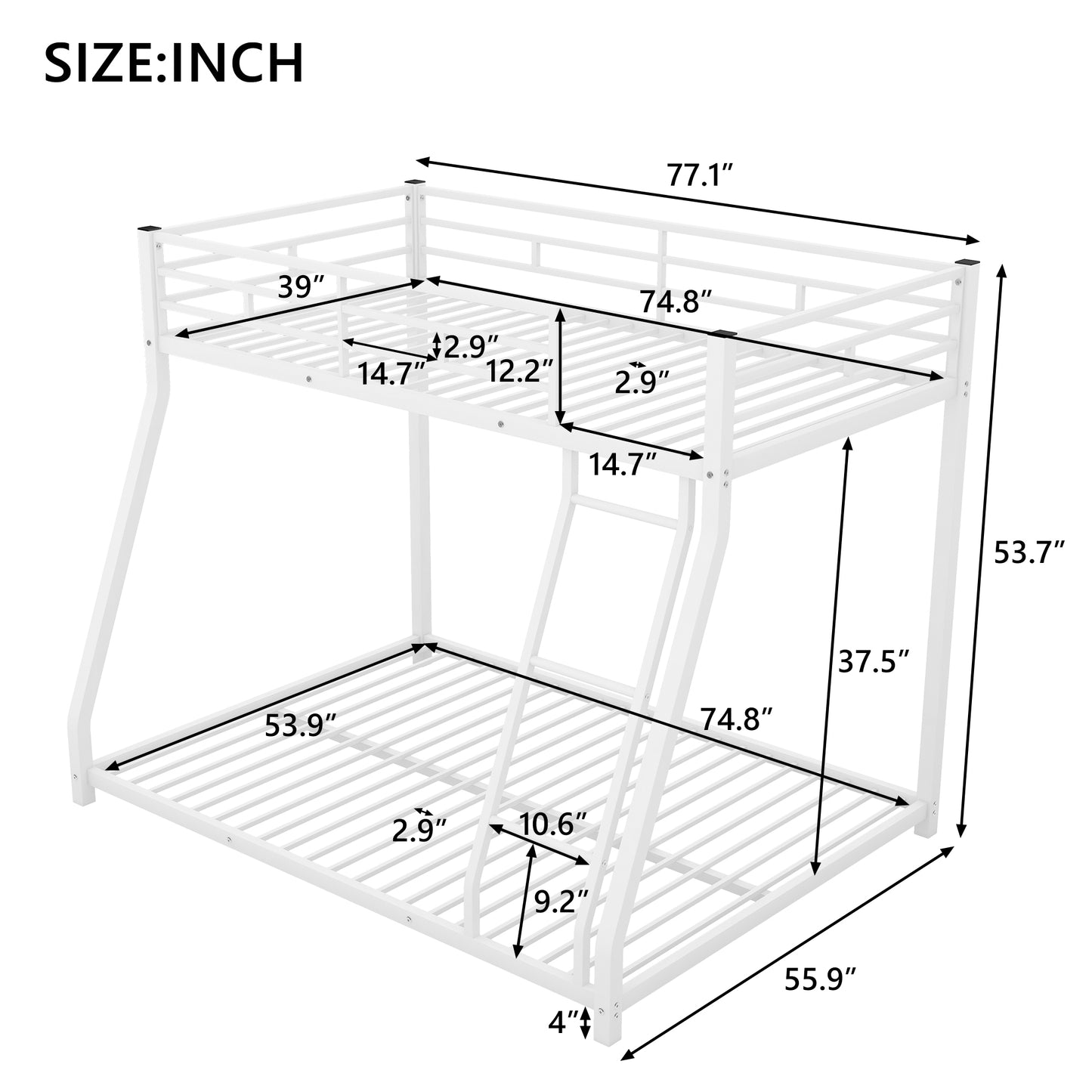 Metal Floor Bunk Bed  Twin over Full White