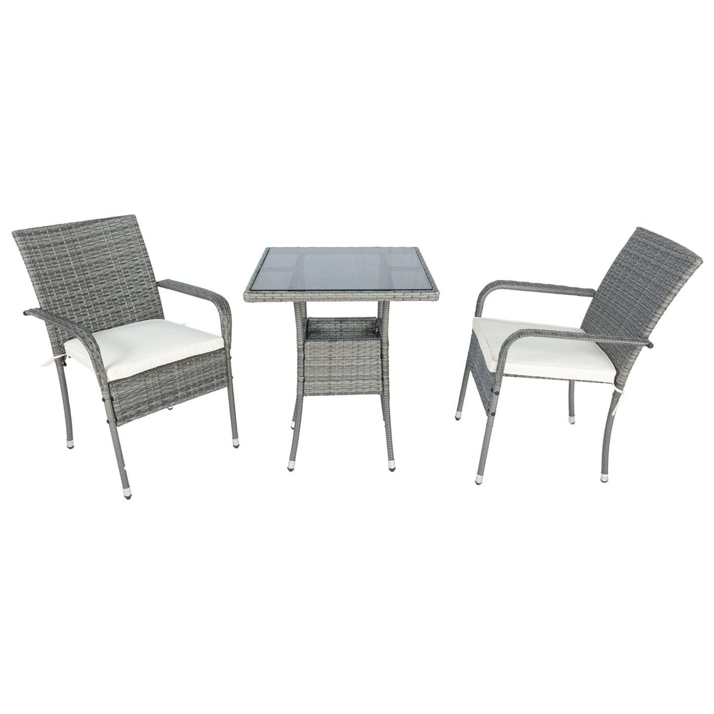 3 Piece Patio Wicker Conversation Set Grey Wicker + white Cushion