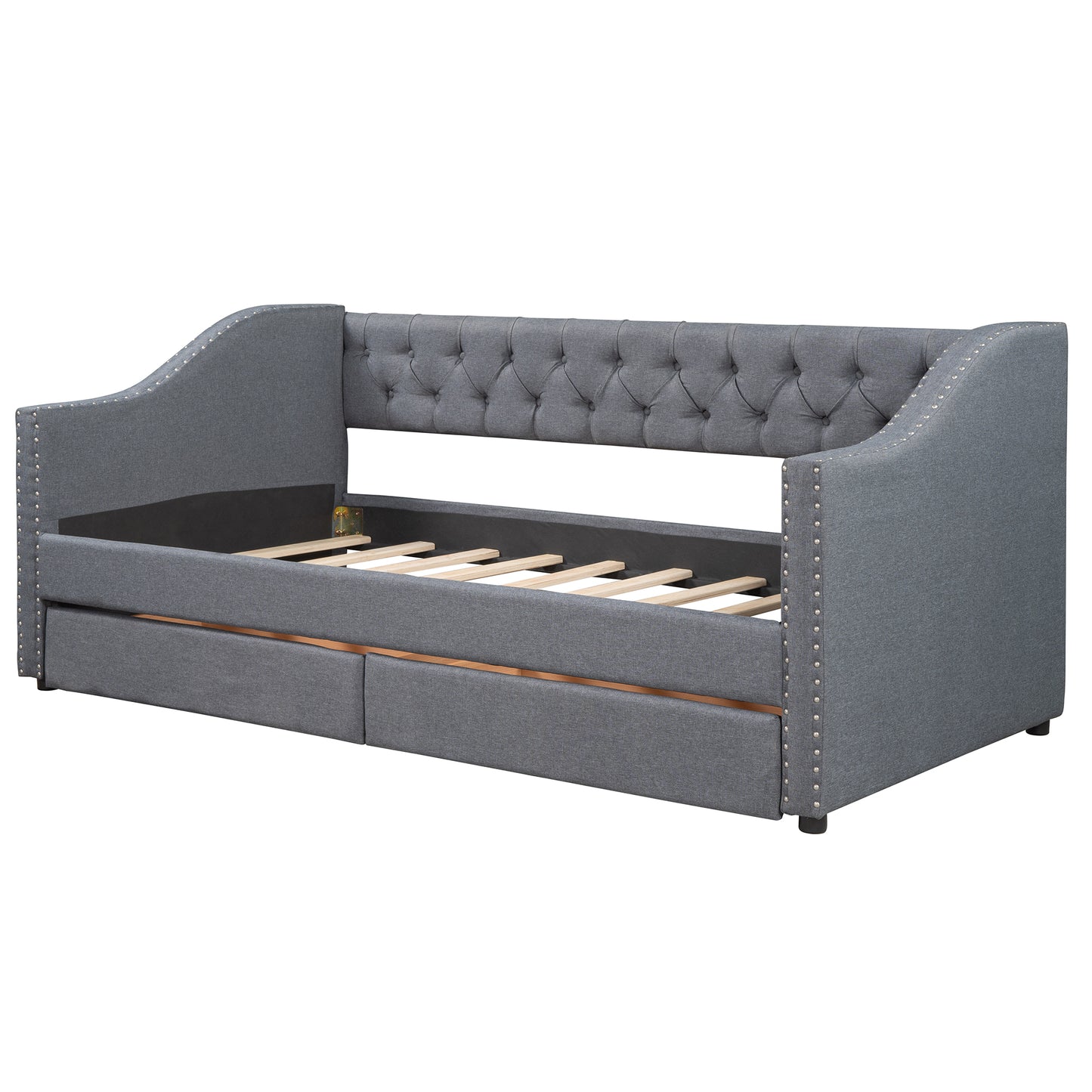 Upholstered Twin Size daybed with Two Drawers Wood Slat Support Gray