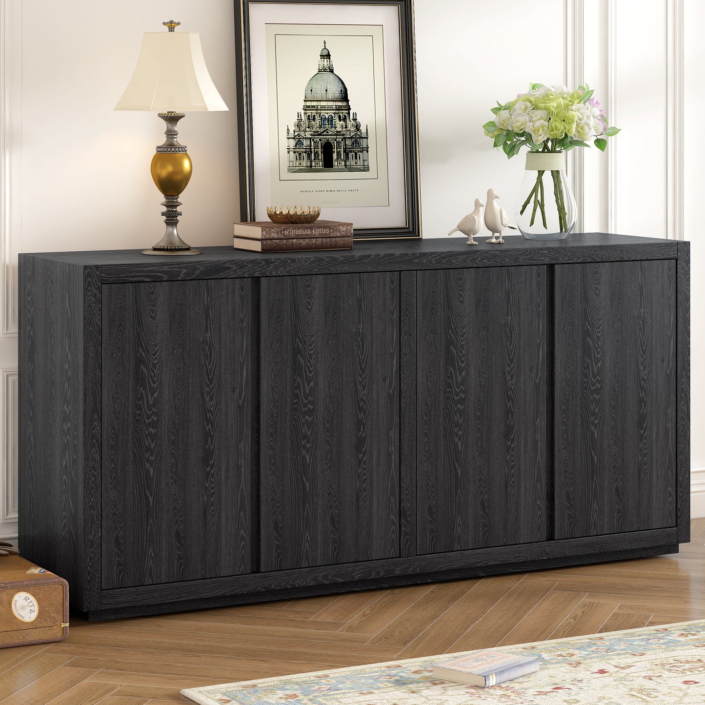 U-Style Four-Door Cabinet Sideboard with Ash Veneer, Perfect for Hallways, Entryways, and Living Rooms