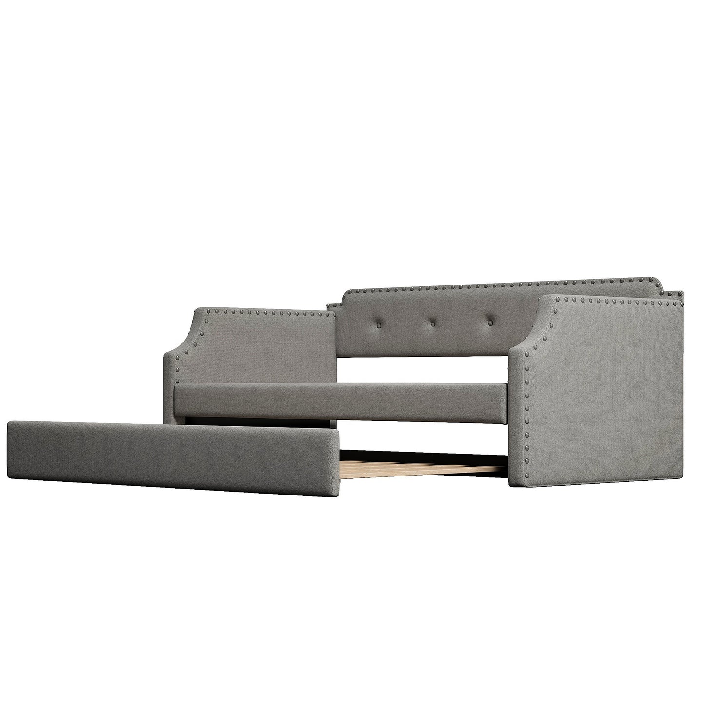 Upholstered Daybed with Trundle, Wood Slat Support,Upholstered Frame Sofa Bed   Twin Gray