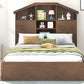 Full Size Wood Platform Bed with House-shaped Storage Headboard and 2 Drawers Walnut