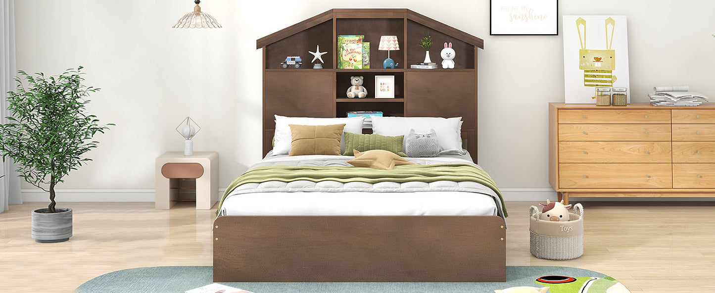 Full Size Wood Platform Bed with House-shaped Storage Headboard and 2 Drawers Walnut