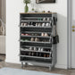 ON-TRANS narrow design shoe cabinet with 3 flip drawers and 3 independent shoe racks with 3 hooks, gray