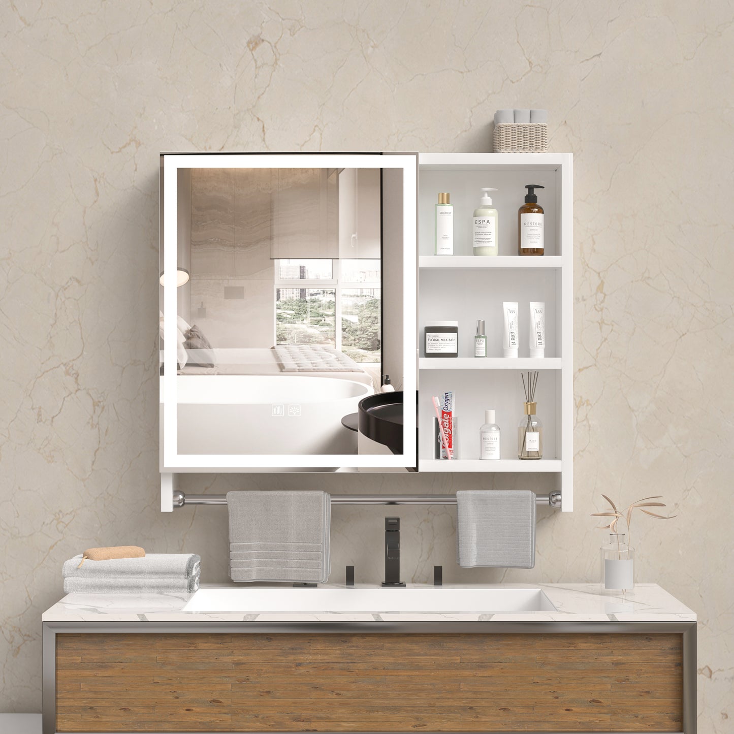 Modern 32x28 Inch Bathroom Storage Cabinet with Mirrors, LED Lights, and Multi-Layer Storage Compartments