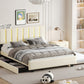 Queen Size Upholstered Platform Bed with 2 Drawers and 1 Trundle, Classic Metal Strip Headboard Design, Beige