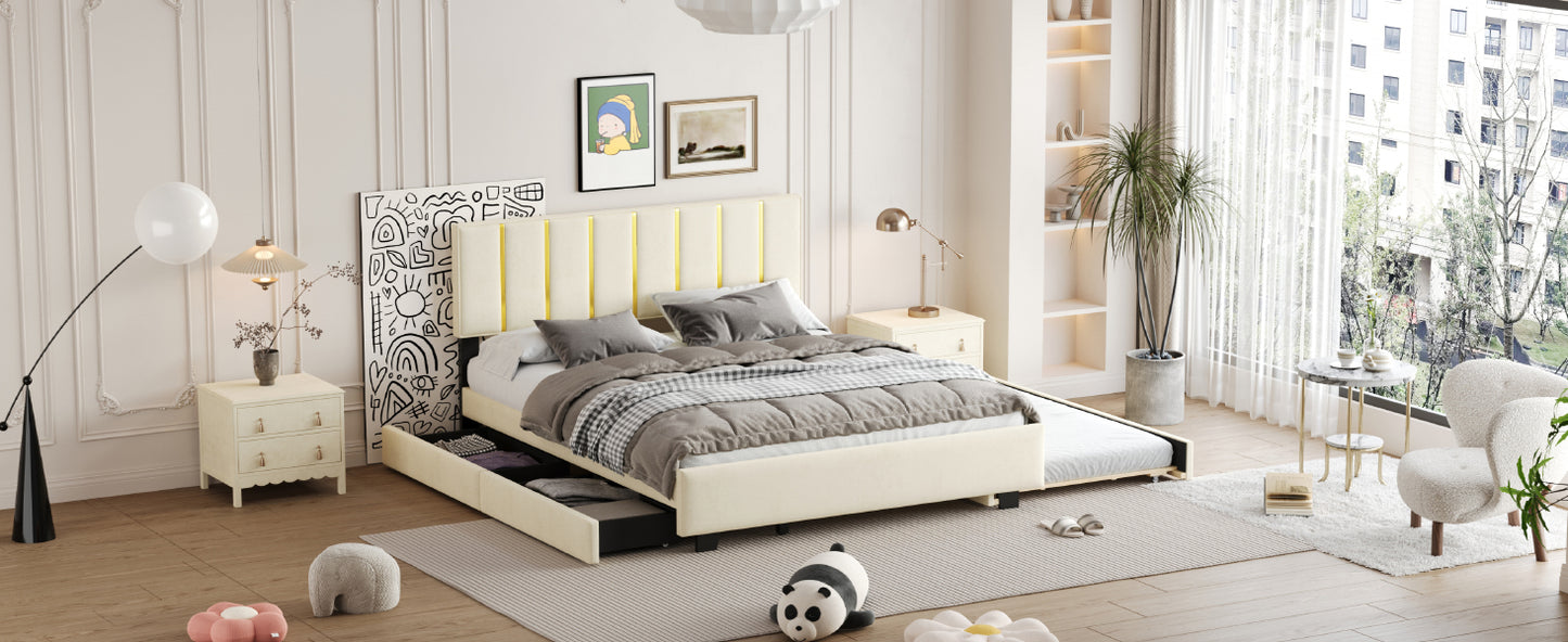 Queen Size Upholstered Platform Bed with 2 Drawers and 1 Trundle, Classic Metal Strip Headboard Design, Beige