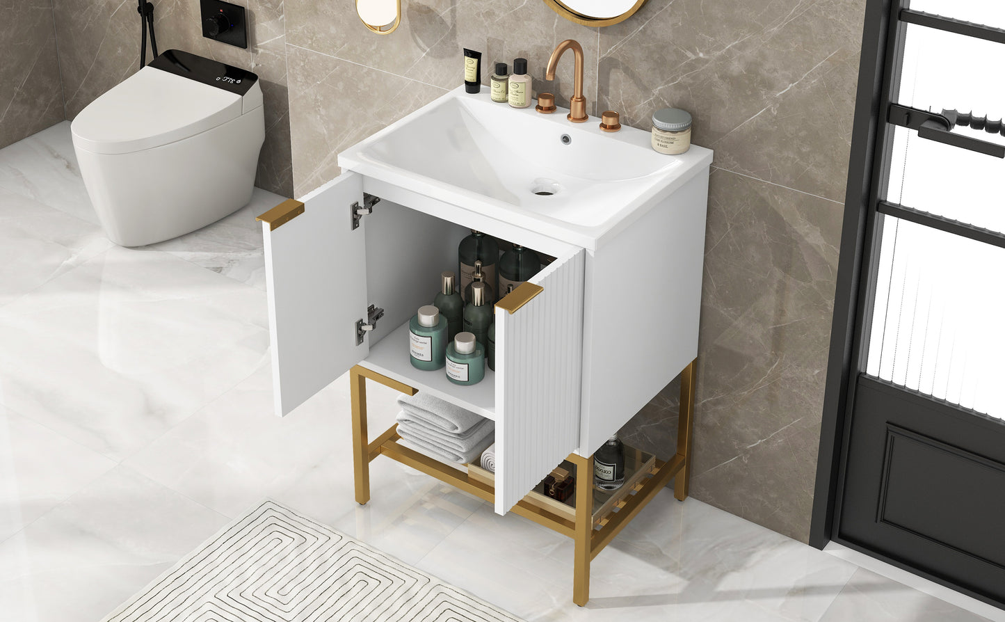 Bathroom Vanity with Sink, Bathroom Vanity Cabinet with Two Doors and Gold Metal Frame, Open Storage Shelf, White