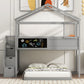 Twin over Full House Bunk Bed with Storage Staircase and Blackboard, Gray Finish