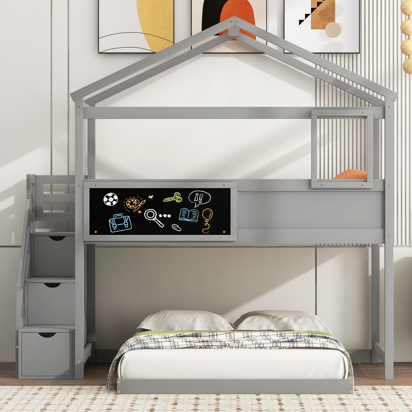 Twin over Full House Bunk Bed with Storage Staircase and Blackboard, Gray Finish