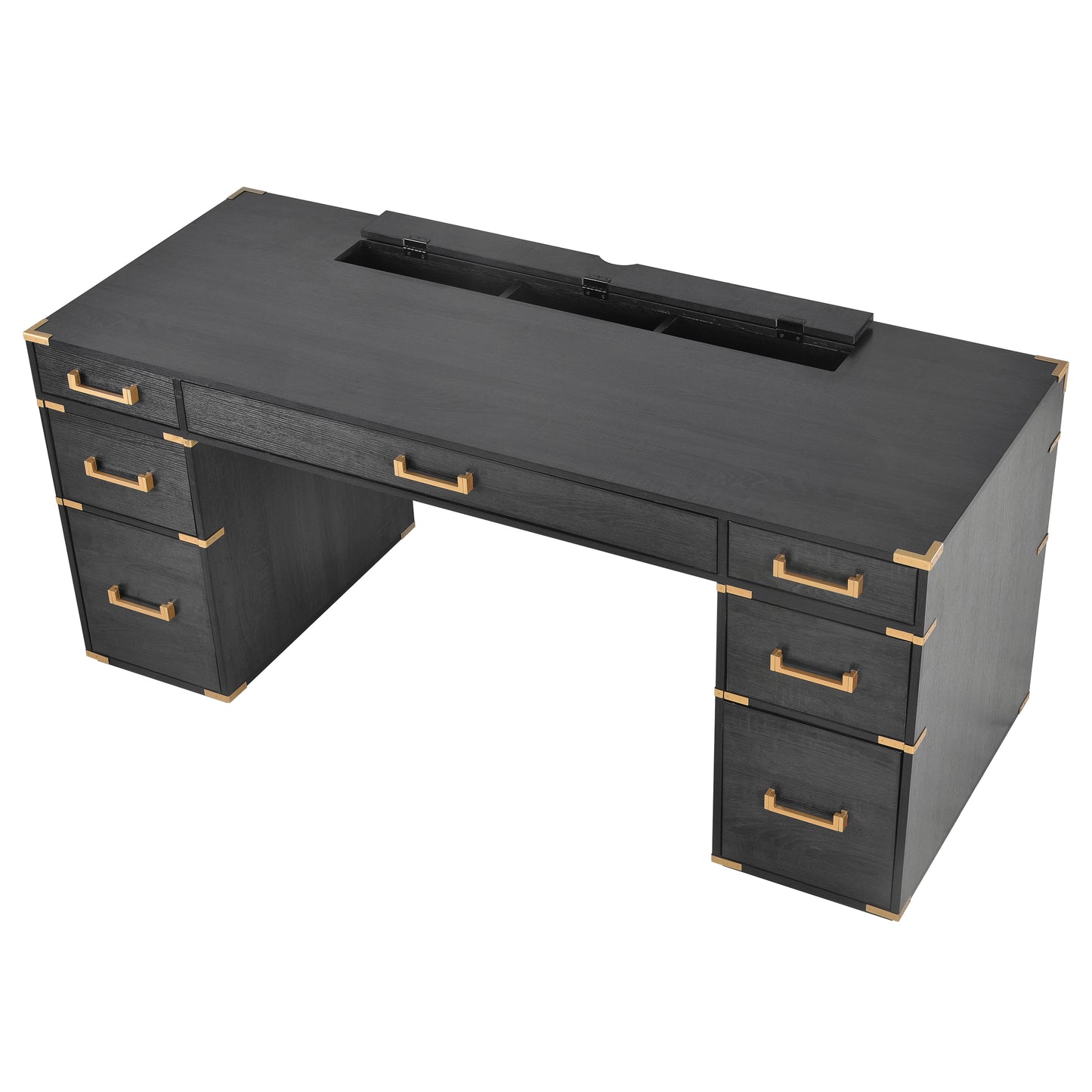 70-Inch Classic Executive Desk with Metal Trim, 2 File Drawers, USB Ports, and Sockets, Black Finish