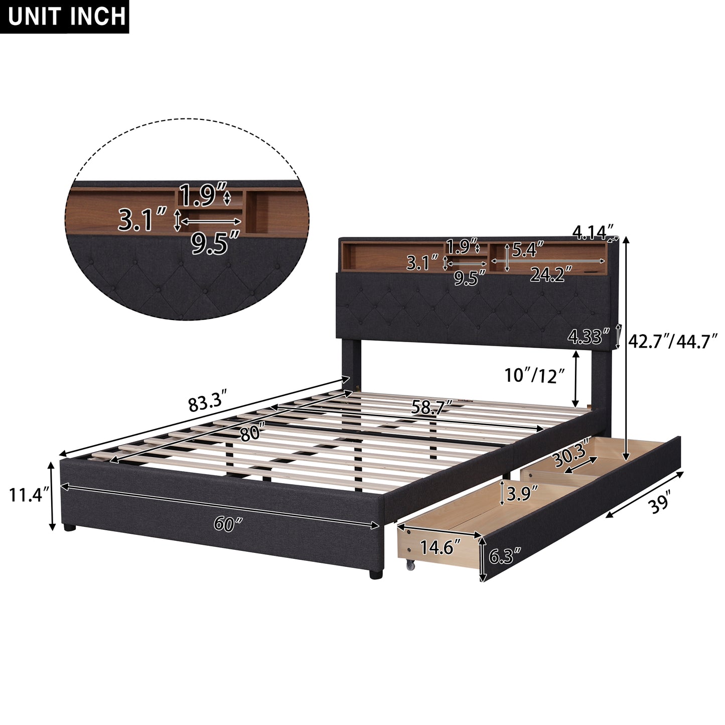 Queen Size Upholstered Platform Bed with Storage Headboard, LED Lights, USB Charging, and 2 Drawers, Dark Gray