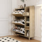 Natural Bohemian style shoe cabinet with 3 rattan flip drawers, 3 square shelves, and 1 storage drawer,  Natural