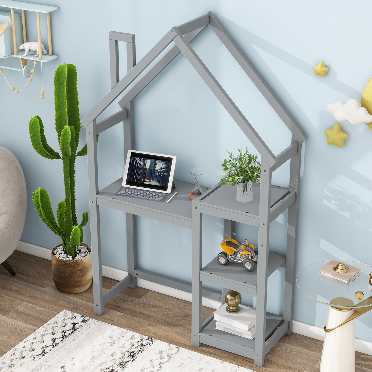 House-shaped Wooden writing Desk,Kids study Table,Bookshelf & Toy Storage,Grey