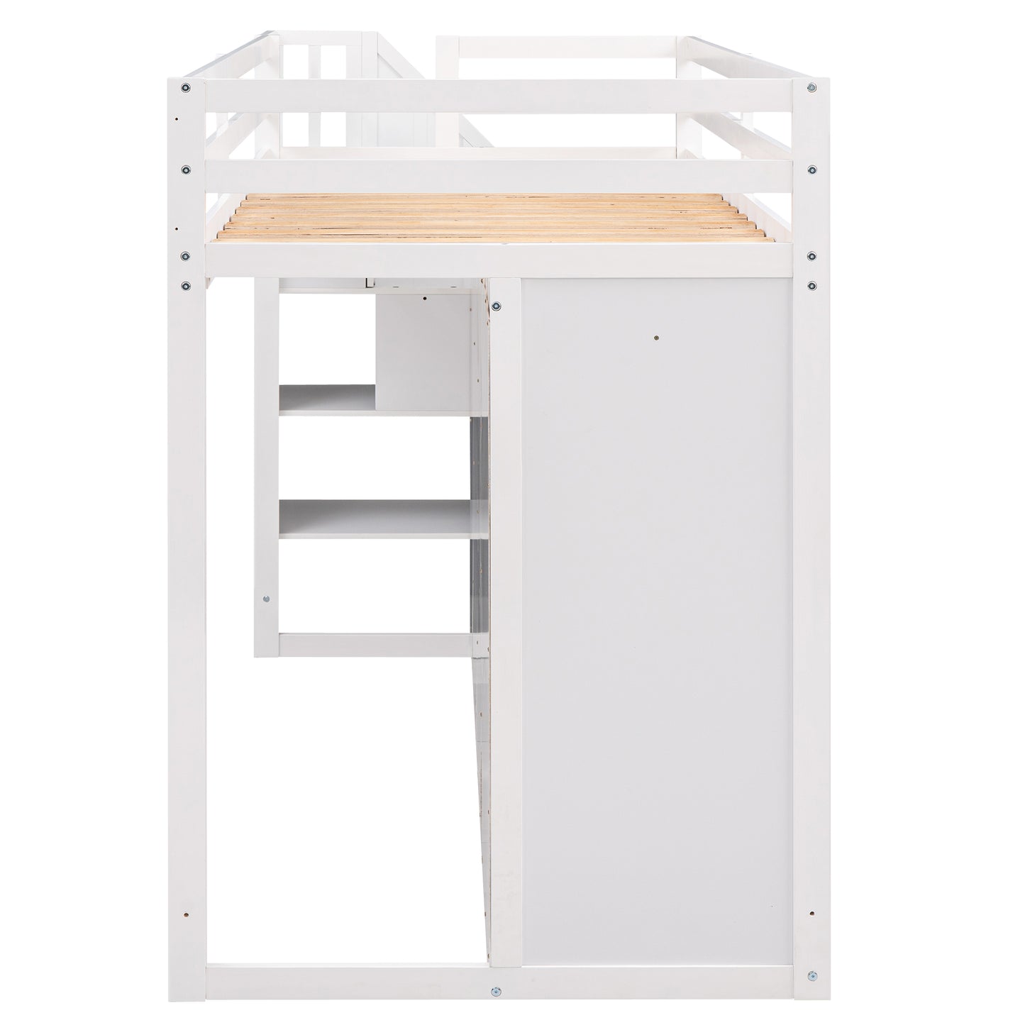 Functional Loft Bed with 3 Shelves, 2 Wardrobes and 2 Drawers, Ladder with Storage, No Box Spring Needed, White