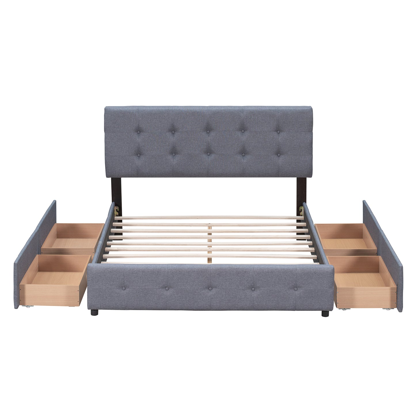 Upholstered Platform Bed with Classic Headboard and 4 Drawers No Box Spring Needed Linen Fabric Queen Size Dark gray