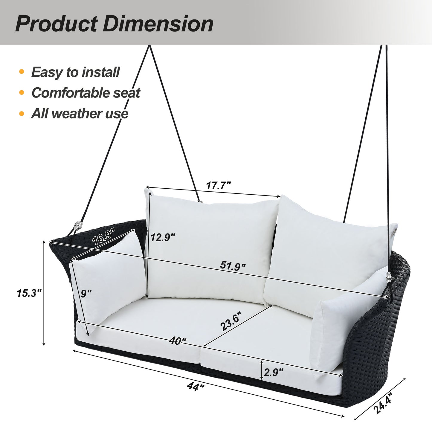 2-Person Hanging Seat, Rattan Woven Swing Chair, Porch Swing With Ropes, Black Wicker And White Cushion