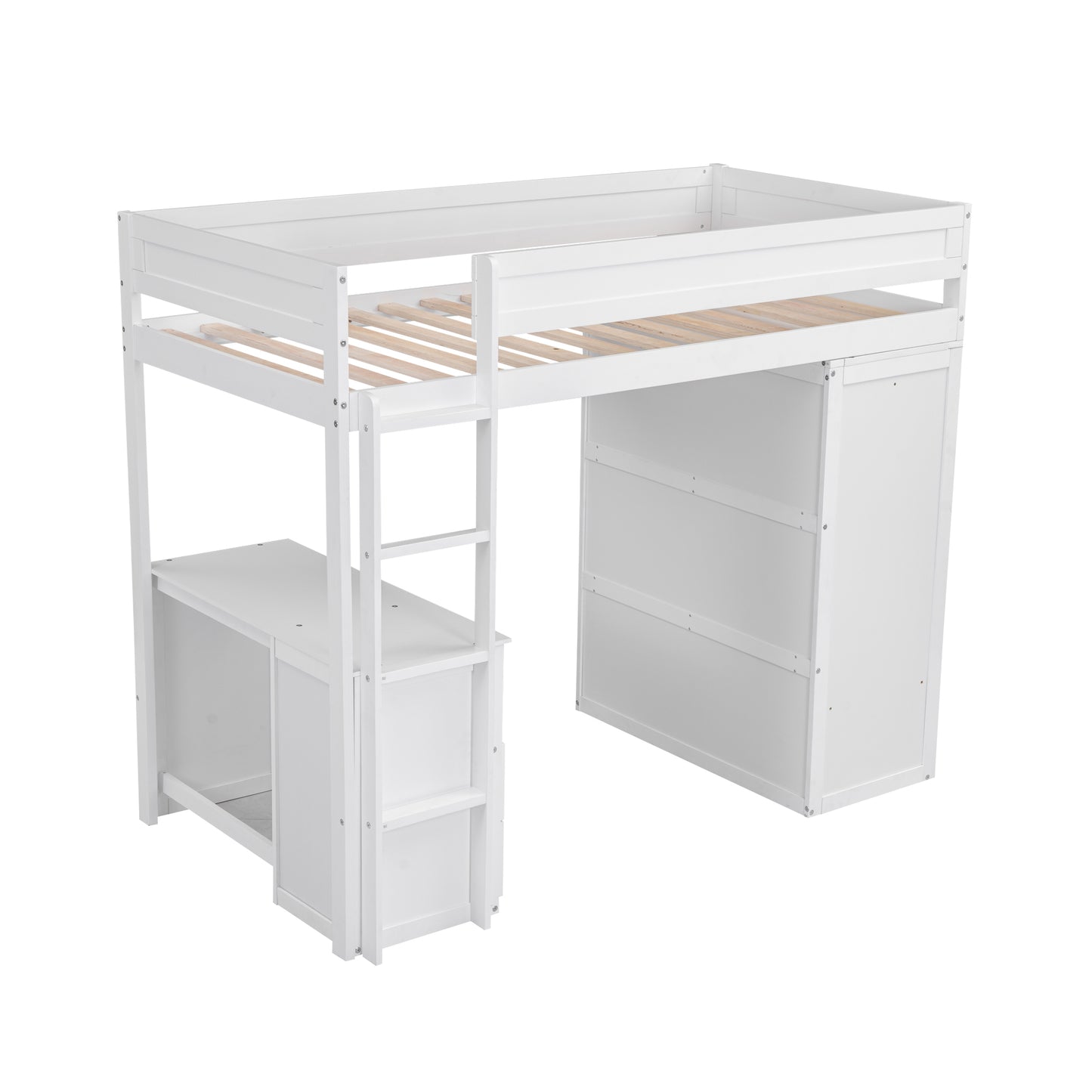 Wood Twin Size Loft Bed with Wardrobes and 2-Drawer Desk with Cabinet  White