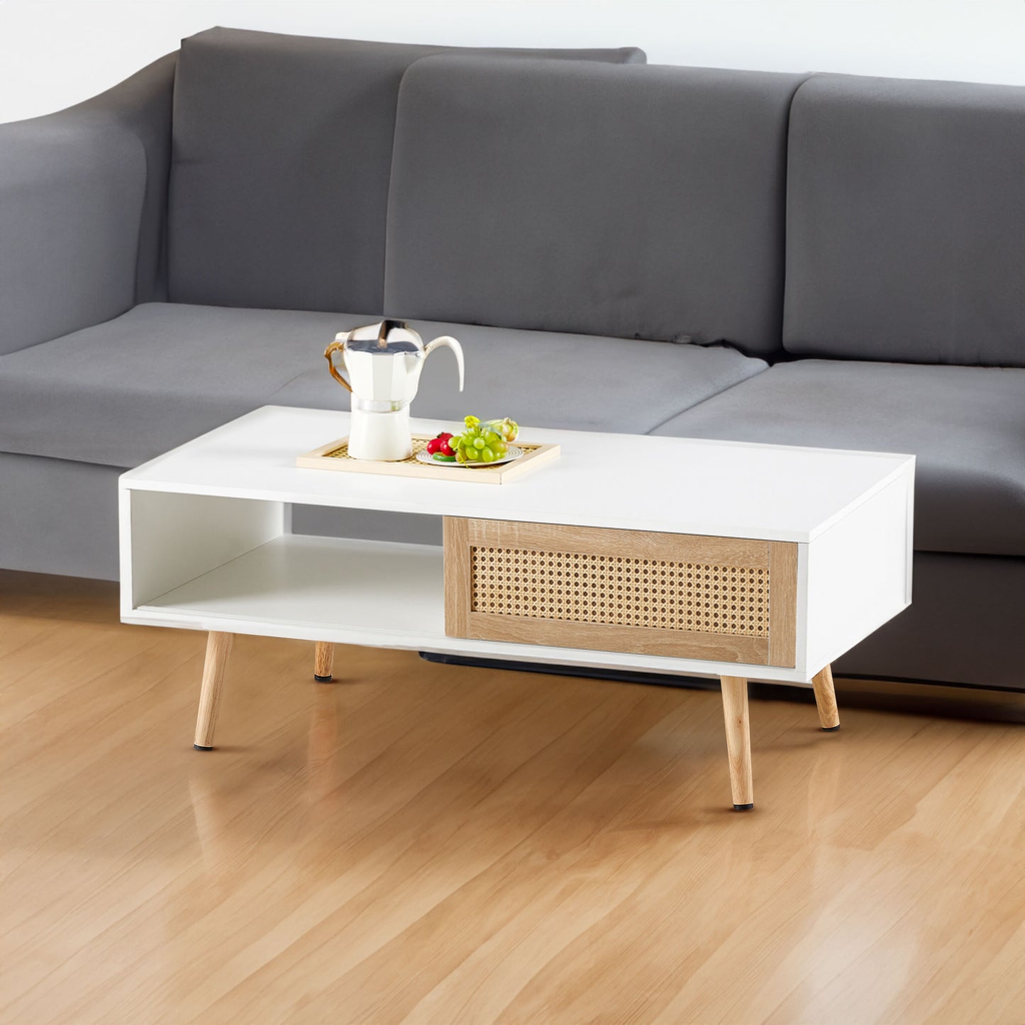 Rattan Coffee table sliding door for storage solid wood legs White