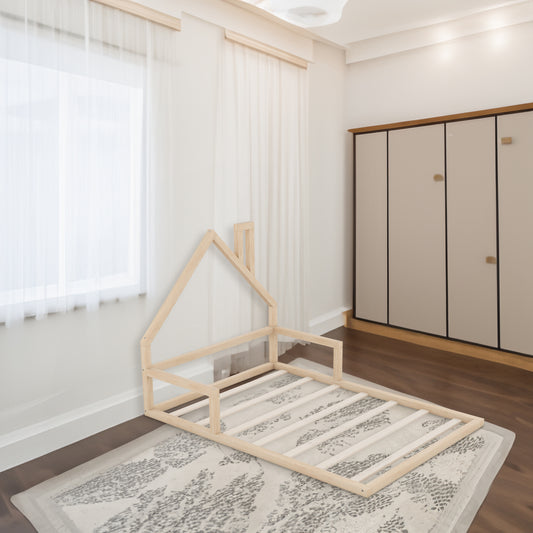 Full Size Wood Floor Bed with House-shaped Headboard  Natural