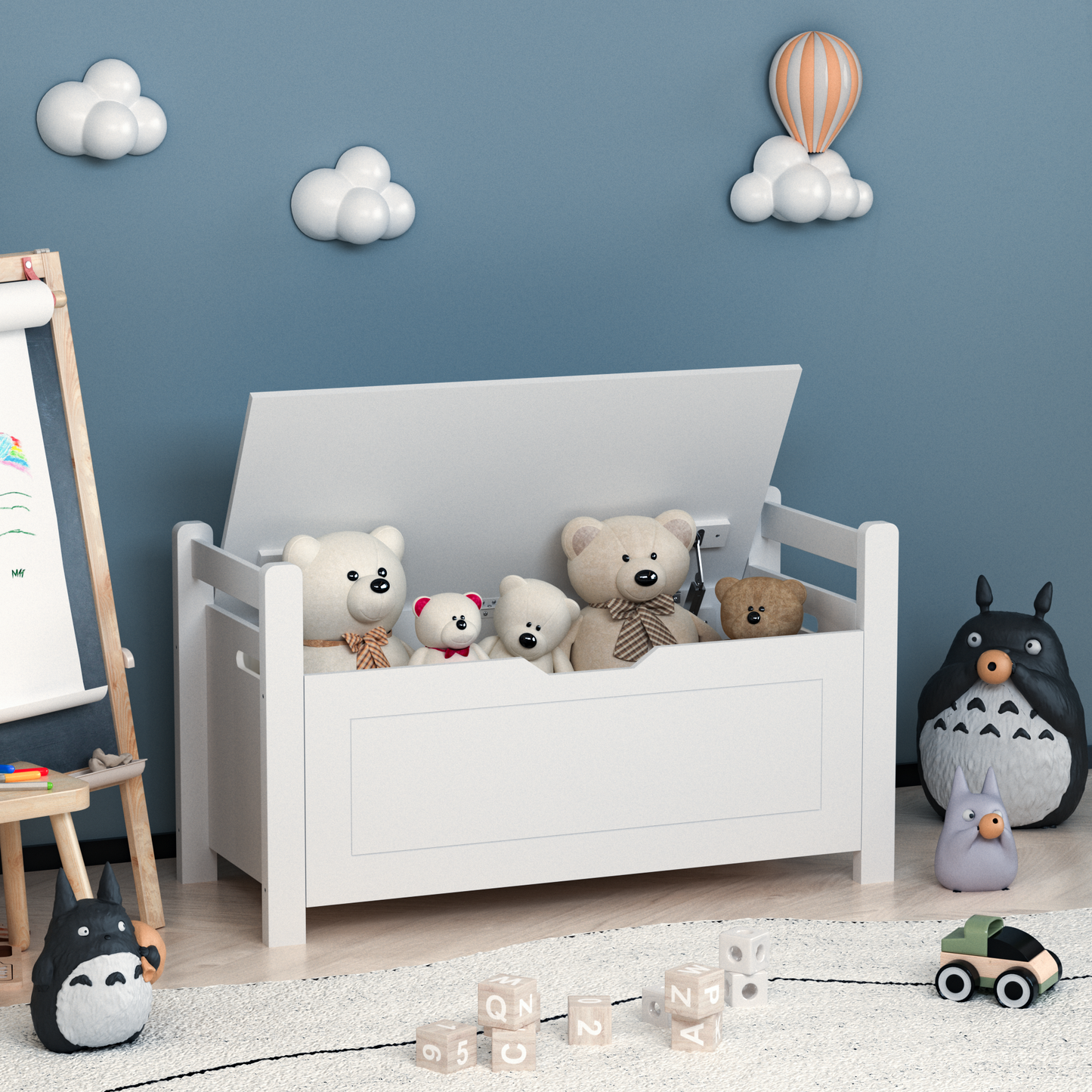 A white rubber wood children's toy box with soft cushioned seats, stools, flip covers, and safety hinges for toy storage