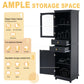 Tall Bathroom Storage Cabinet with Glass Doors, Free-Standing, Two Drawers, and Adjustable Shelves, MDF Board, Painted Black