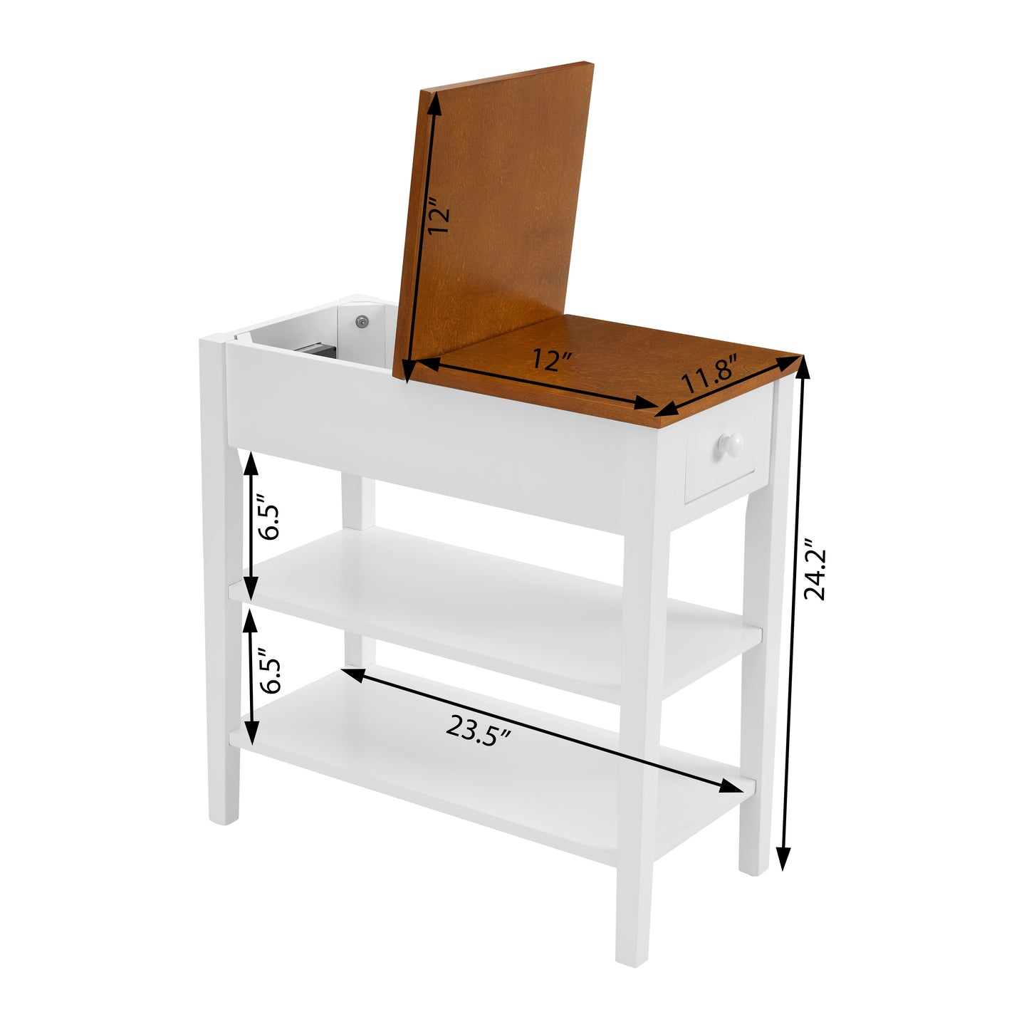 Narrow 2-tone End Table with USB Charging Ports for Small Space SOLID WOOD Table Legs White and Walnut