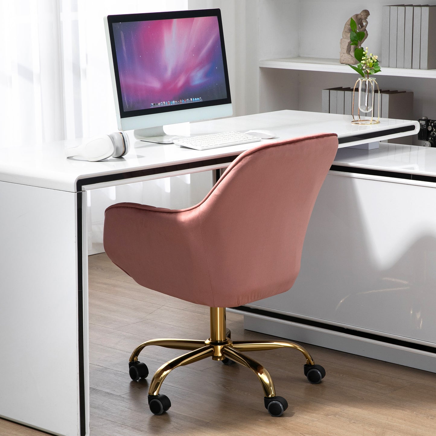 360° Pink Velvet Swivel Chair With High Back Adjustable Working Chair With Golden Color Base