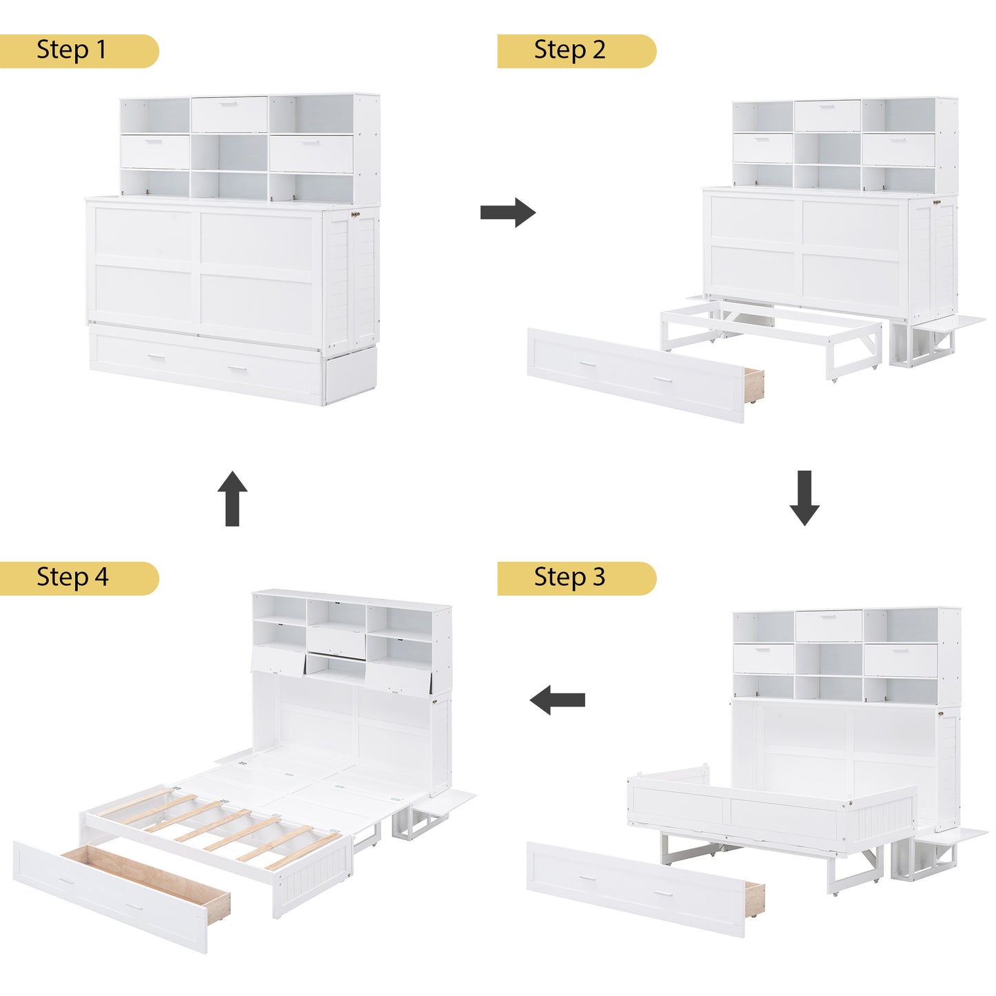 Cama plegable tamaño queen con estantería, estantes junto a la cama y cajón grande, acabado blanco para habitaciones funcionales