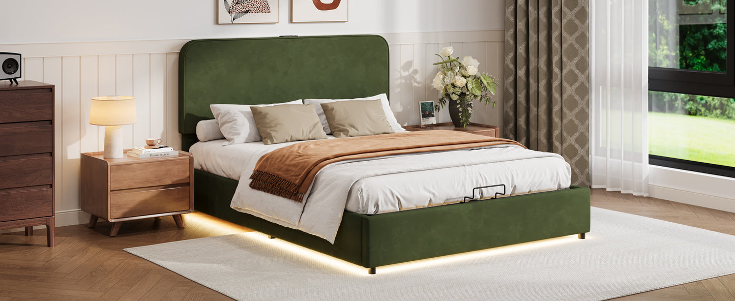 Large hydraulic storage bed with soft cushion lifting storage bed with RGB LED lights, Bluetooth speaker lychee velvet, green