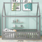 Full Size Wood House Bed with Fence and Door, Gray