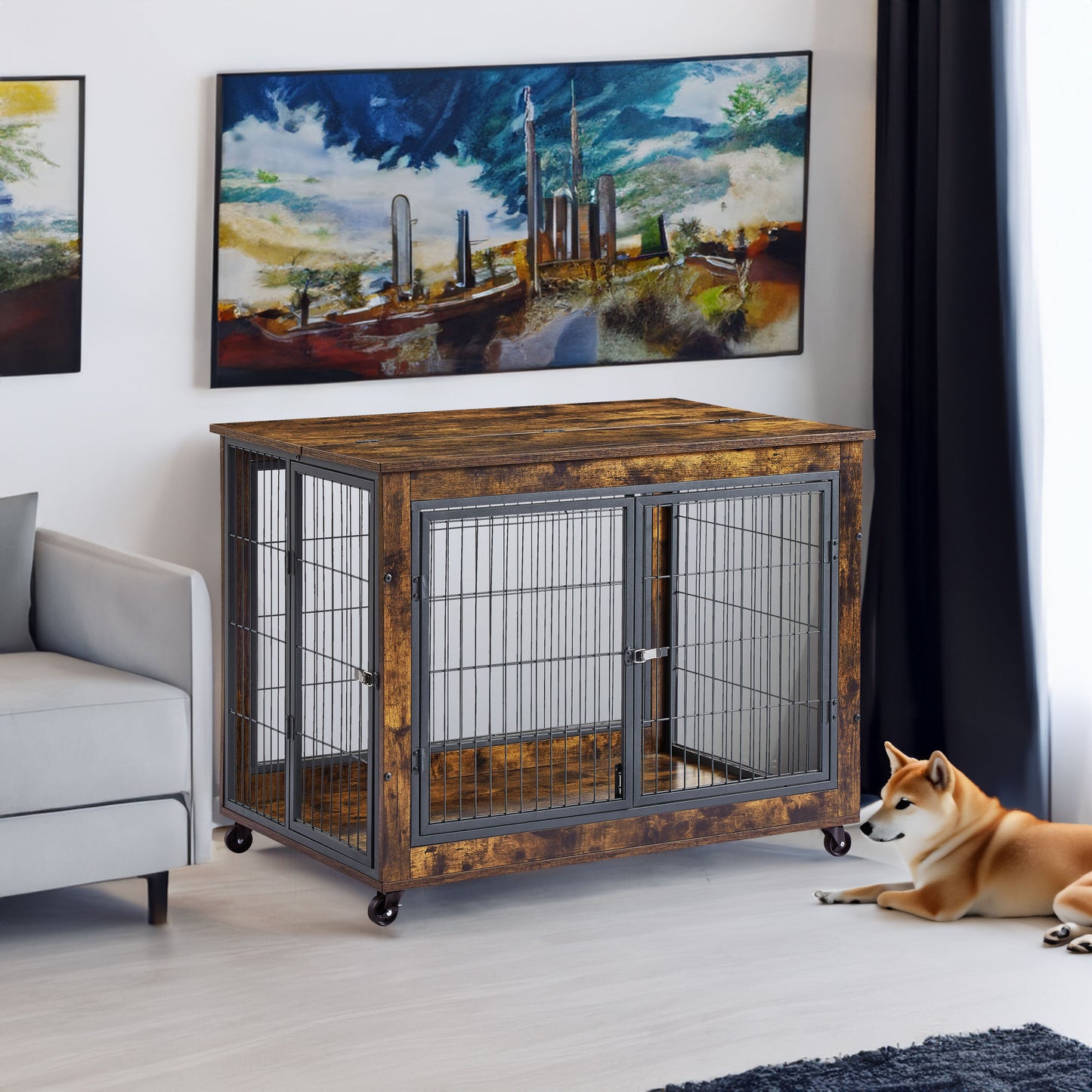 Furniture Dog Cage Crate with Double Doors, Rustic Brown, 38.58'' W x 25.2'' D x 27.17'' H