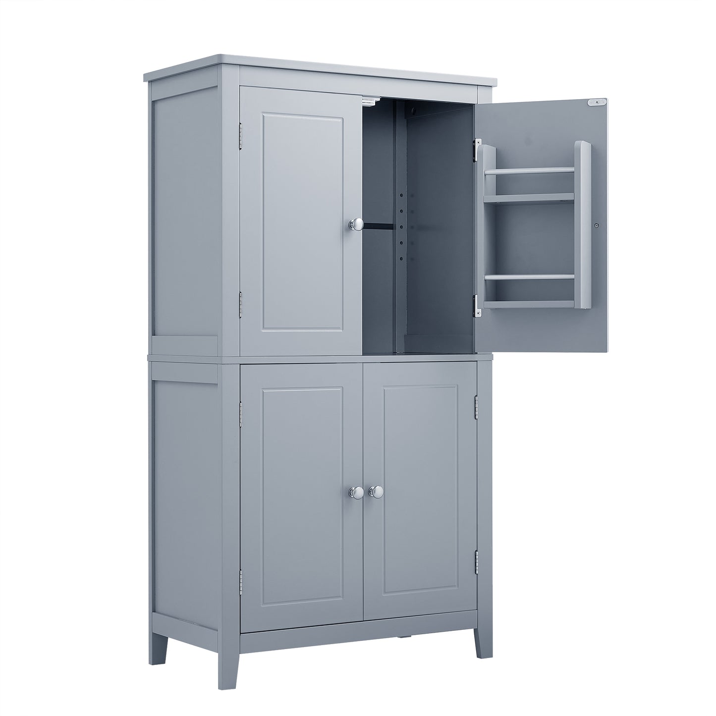 Bathroom floor storage cabinet, bathroom storage cabinet, 4-door independent cabinet, adjustable shelf, adaptive shelf, gray