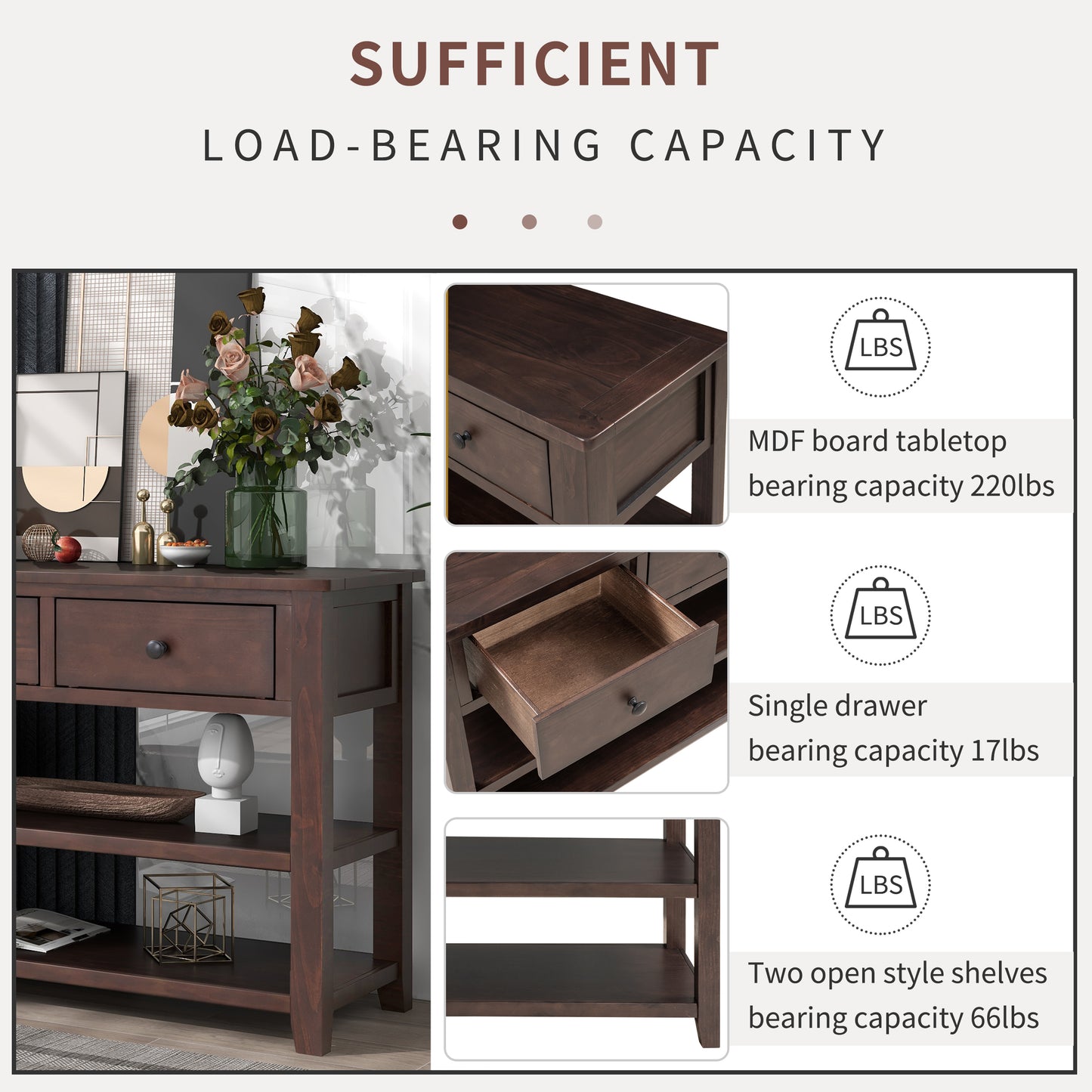 Retro Design Console Table with Two Open Shelves, Pine Solid Wood Frame and Legs, Espresso Finish