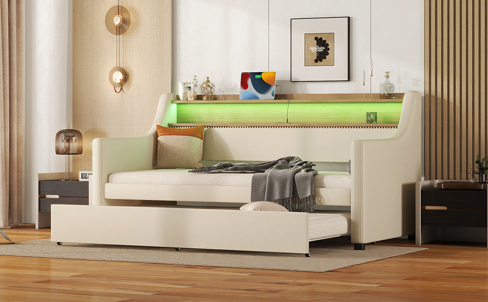 Twin Size Daybed with Trundle, Upholstered Daybed with Charging Station and LED Lights, Beige