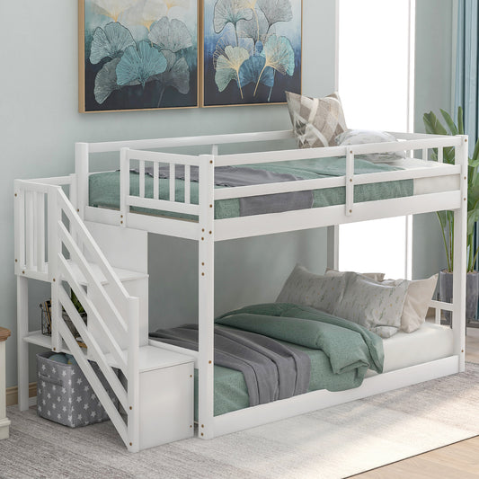 Twin over Twin Floor Bunk Bed, Ladder with Storage  White