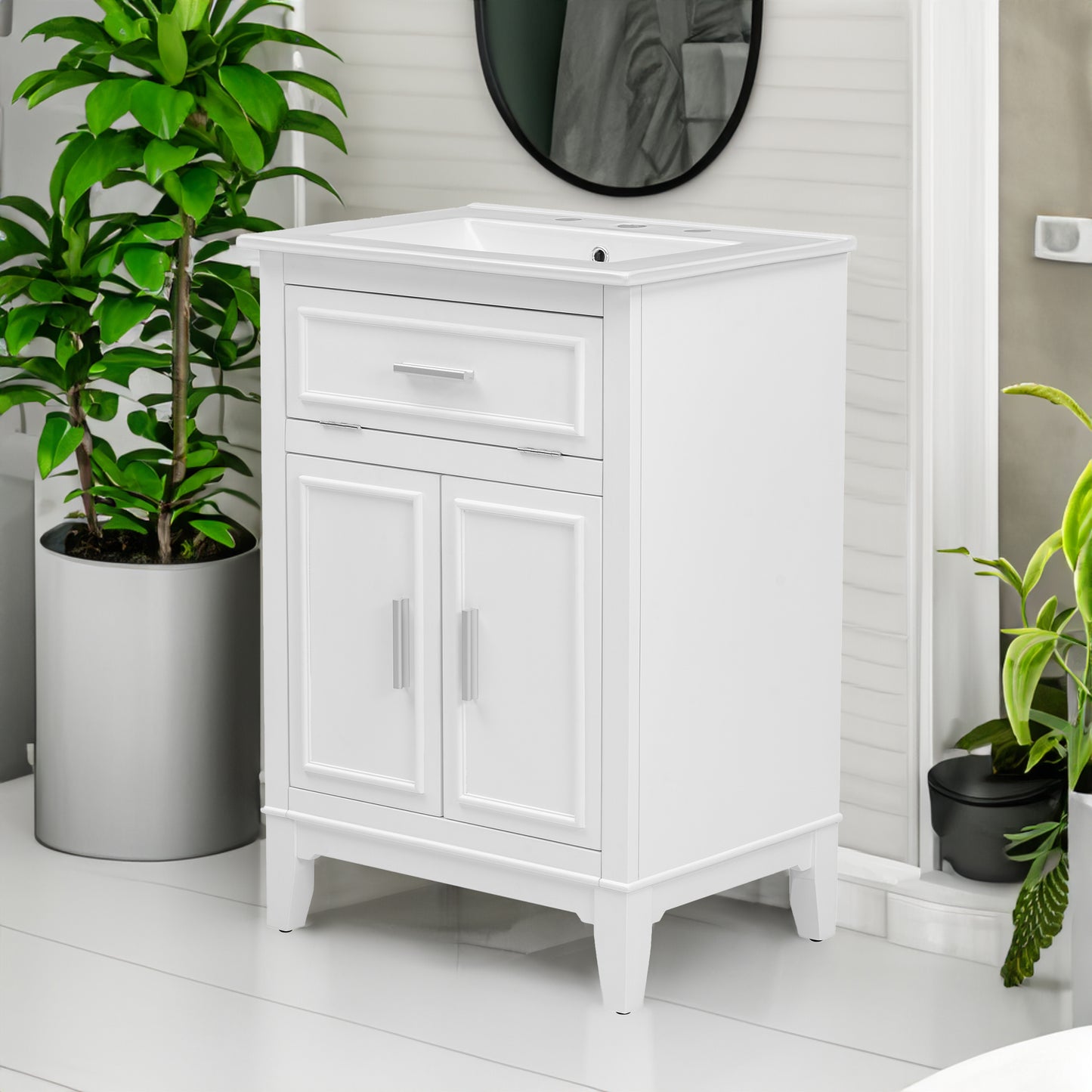 24" Bathroom Vanity with Sink, Solid Wood and MDF Cabinet with One Flip Drawer and Doors, White