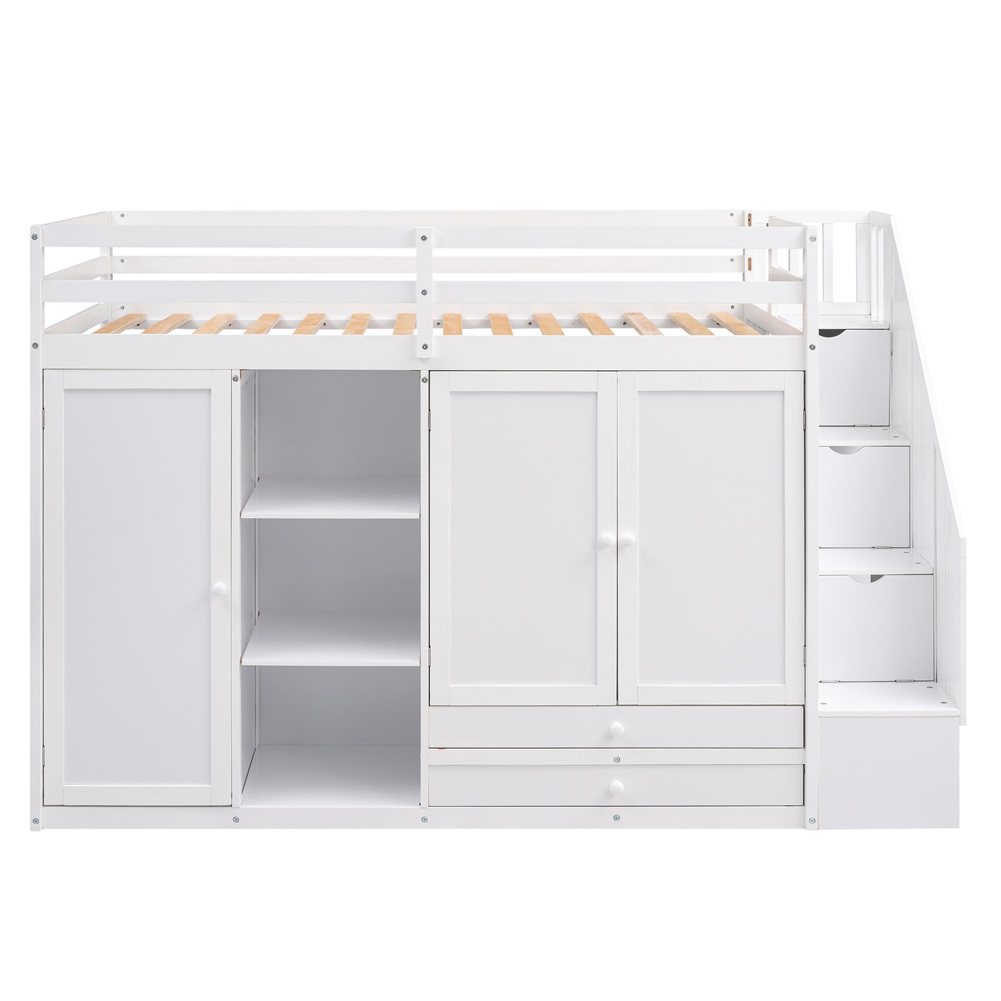 Functional Loft Bed with 3 Shelves, 2 Wardrobes and 2 Drawers, Ladder with Storage, No Box Spring Needed, White