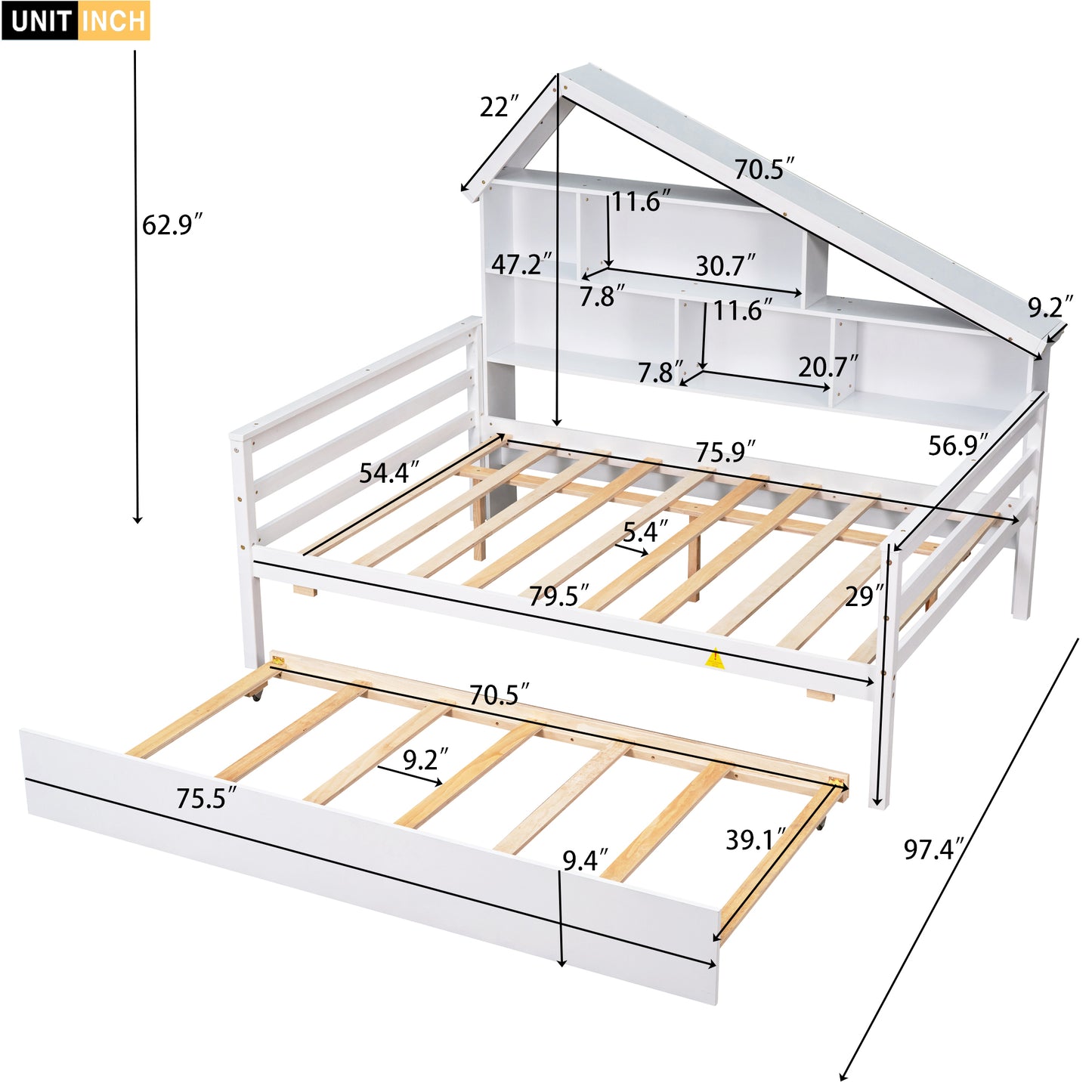 Full Size Platform Bed with Trundle and Shelves, White